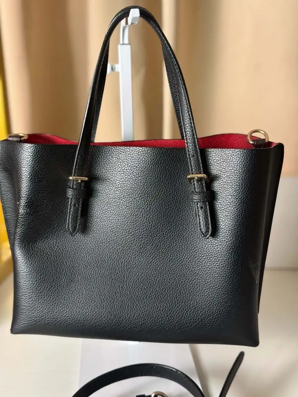 Coach Mollie Tote 25 In Black Leather With True Red Interior